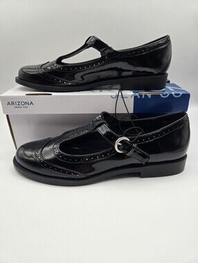 NEW Arizona Zoya Black Faux Patent Leather Wing Tip Mary Jane Shoes Size 9.5